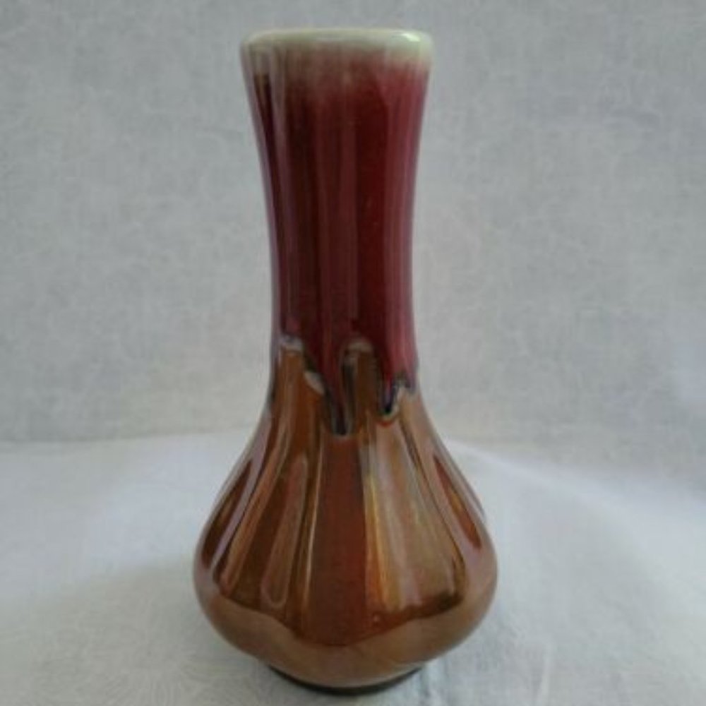 Hosley Potteries Drip Glazed Bud Vase Red Brown Vintage Art Pottery
